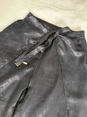 Shiny Black Wide-Leg Drawstring wrap Pants